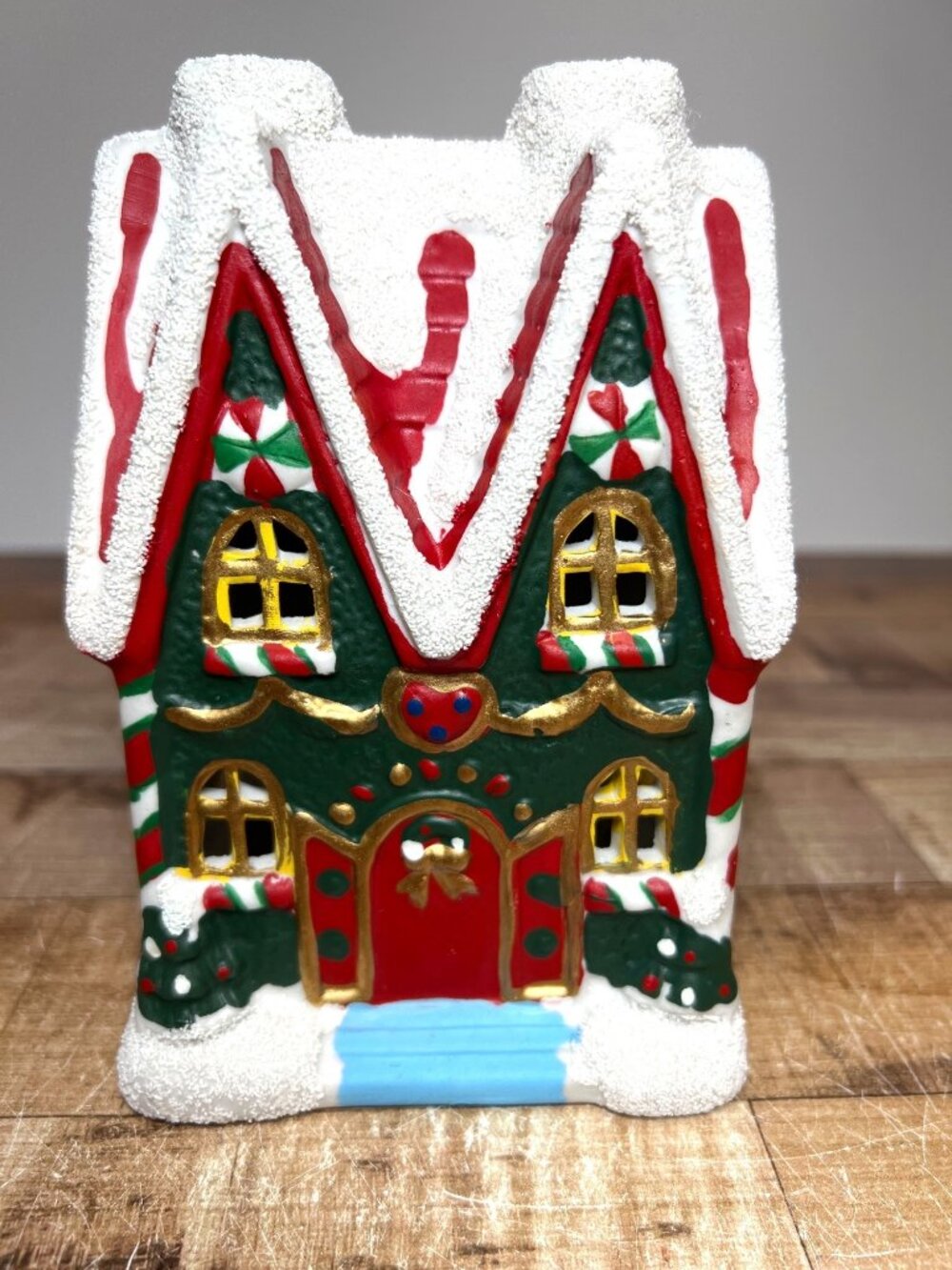 Christmas Ceramic Gingerbread House Candle Holder Hand-Painted Red & Green